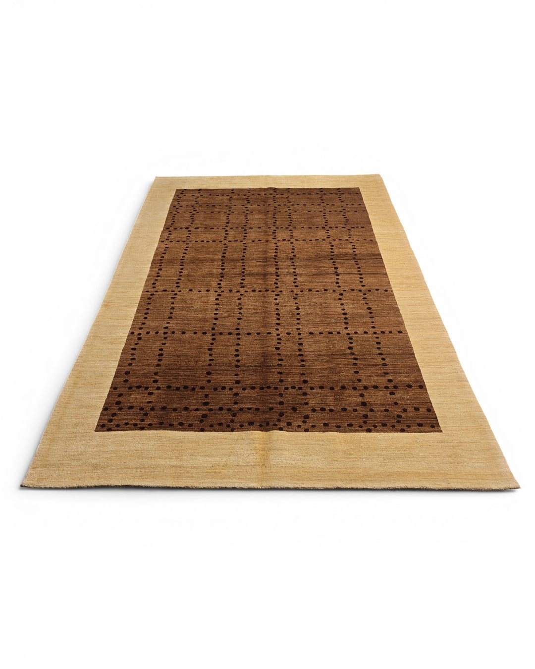 Brown &amp; Cream Dot-Grid Gabbeh, Hand-Knotted Afghan Wool Rug