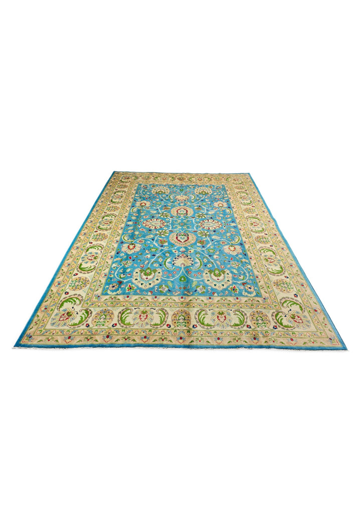 Turquoise and Cream Floral Ghazni, Hand-Knotted Wool Rug