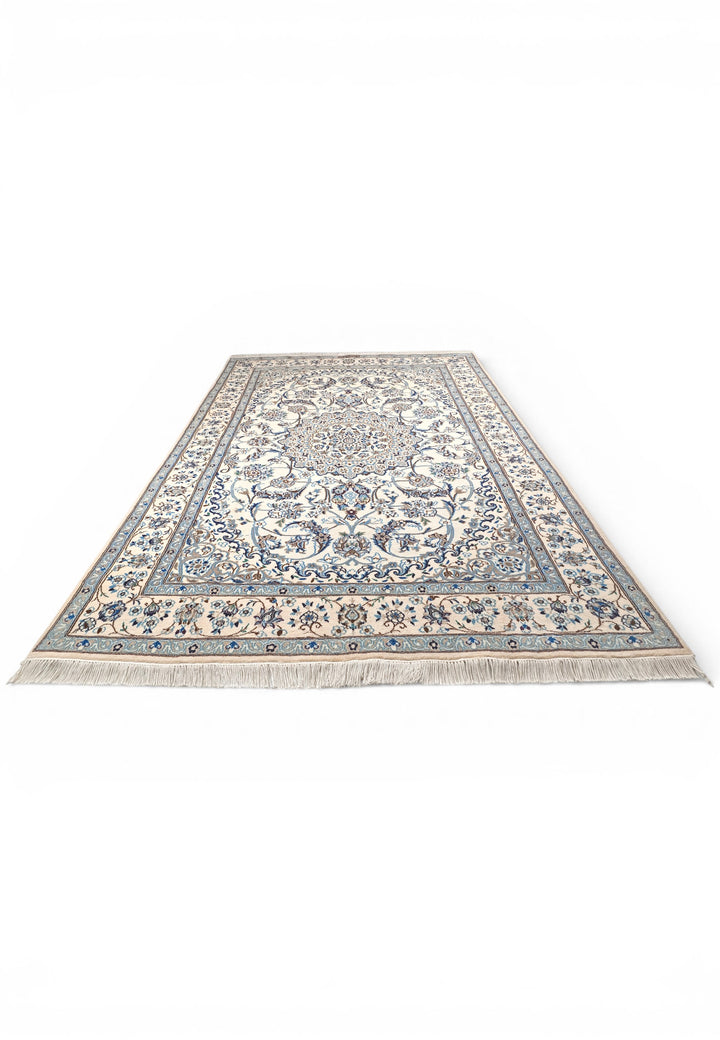 Ivory &amp; Blue Medallion Persian Nain, Hand-Knotted Wool Rug