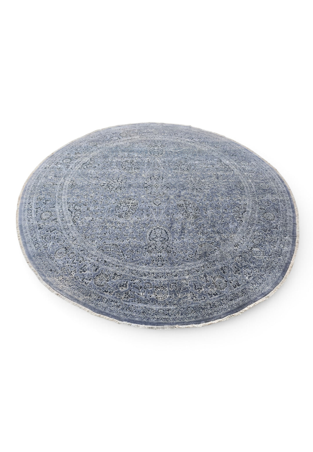 Slate Blue and Silver Floral Round, Hand-Knotted Wool and Silk Rug