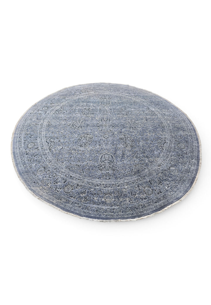 Slate Blue and Silver Floral Round, Hand-Knotted Wool and Silk Rug