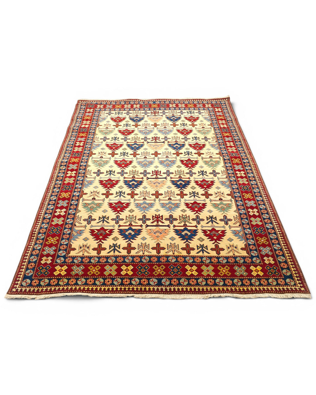 Ivory Caucasian Tribal Rug, Hand-Knotted Afghani Sherwan