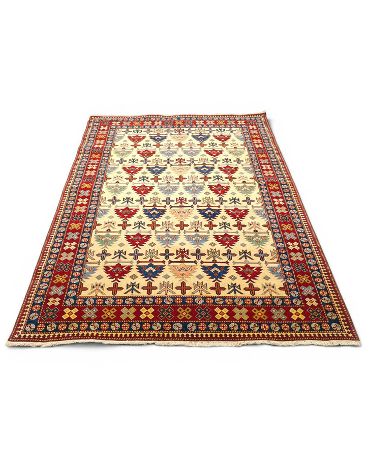 Ivory Caucasian Tribal Rug, Hand-Knotted Afghani Sherwan