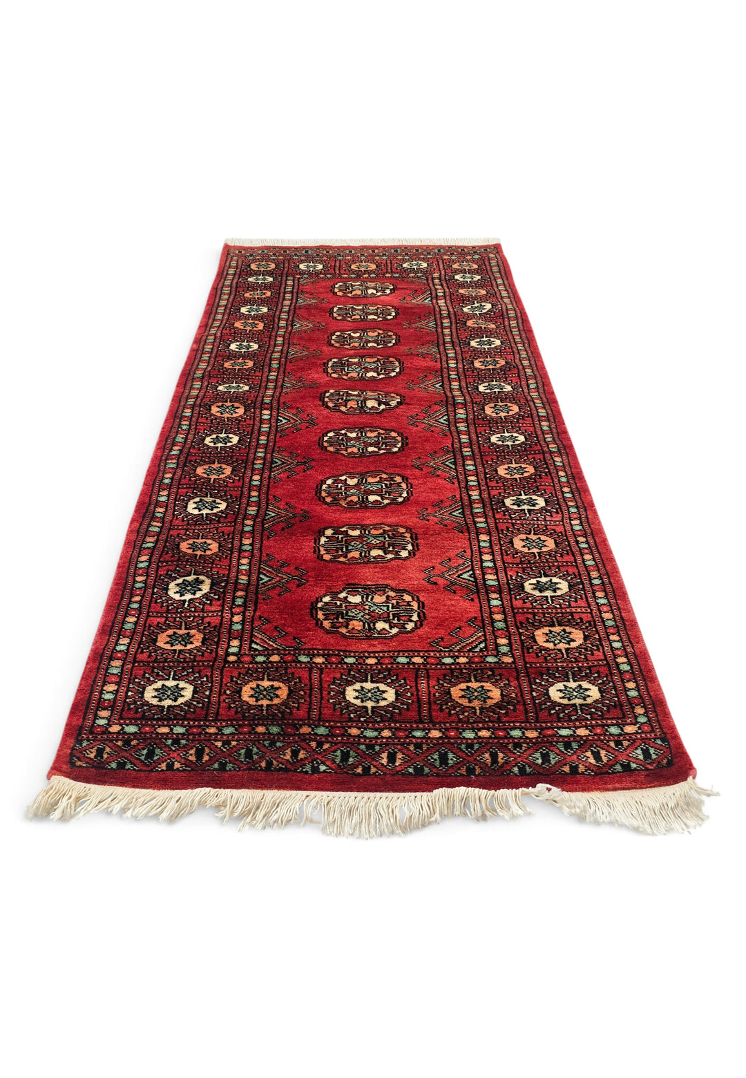 Red and Salmon Turkmen Gül Bokhara, Hand-Knotted Wool Rug