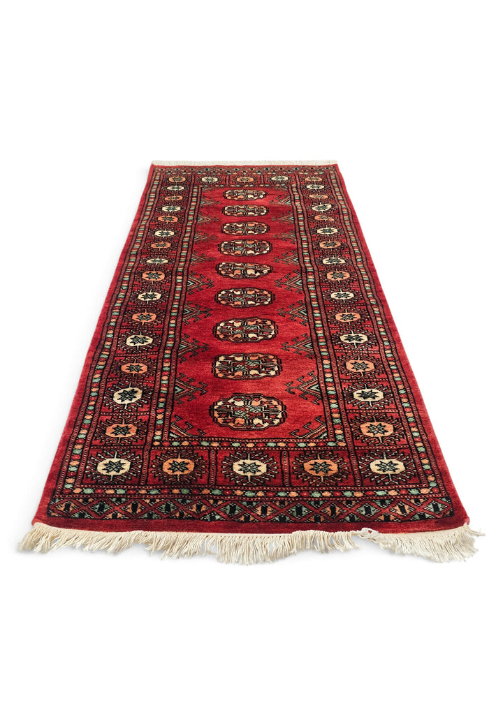Red and Salmon Turkmen Gül Bokhara, Hand-Knotted Wool Rug