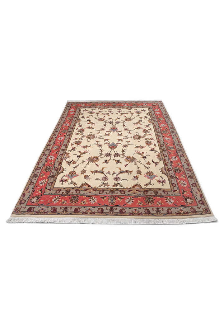 Ivory and Coral Serrated Leaf Tabriz, Hand-Knotted Wool Rug