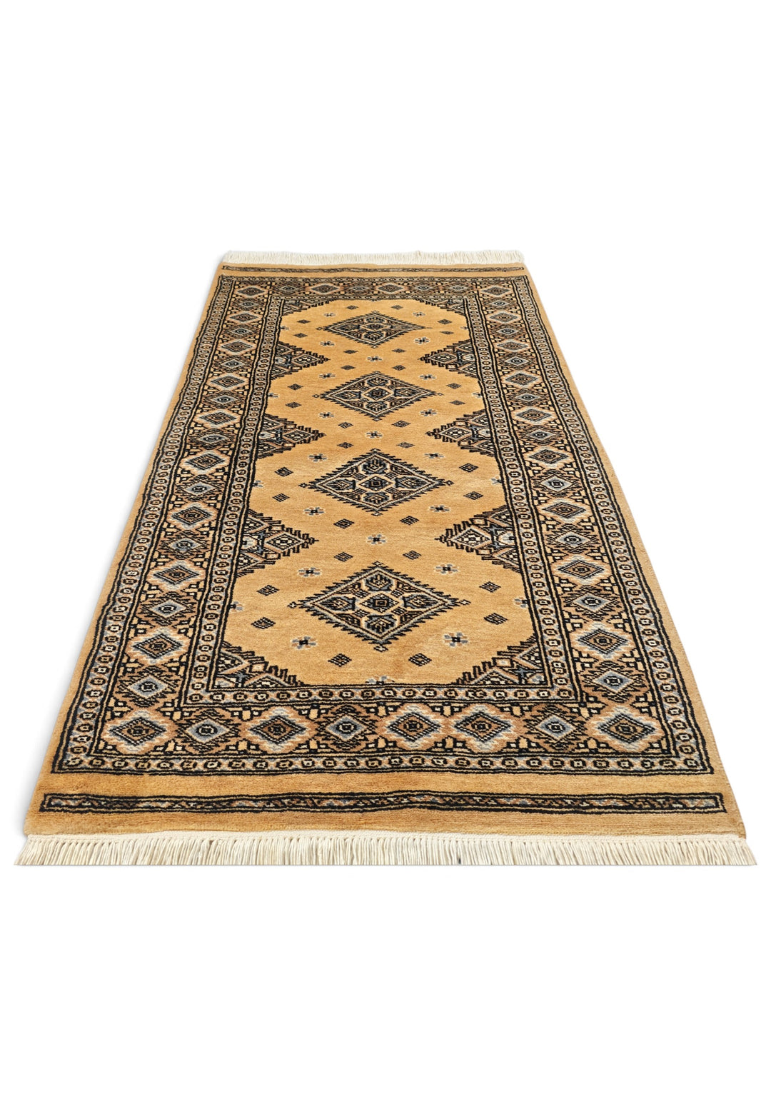 Honey Gold and Espresso Jaldar Diamond Medallion, Hand-Knotted Wool Rug