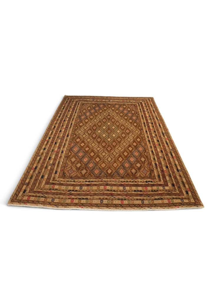 Camel and Brown Diamond Lattice Kilim, Hand-Woven Wool