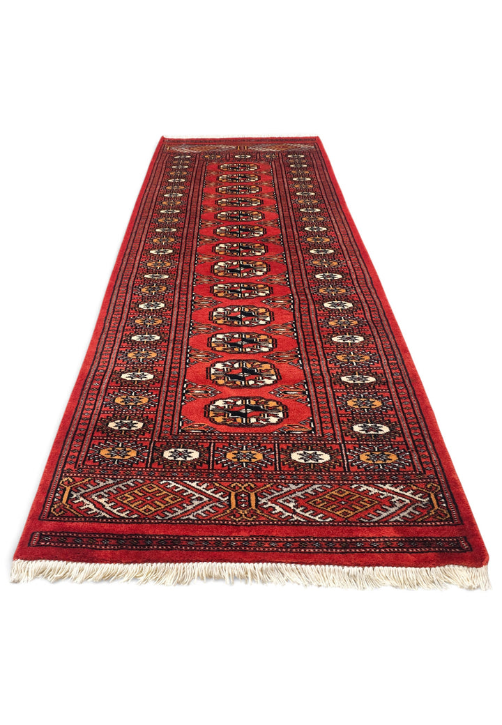 Red and Orange Turkmen Gül Bokhara, Hand-Knotted Wool Rug