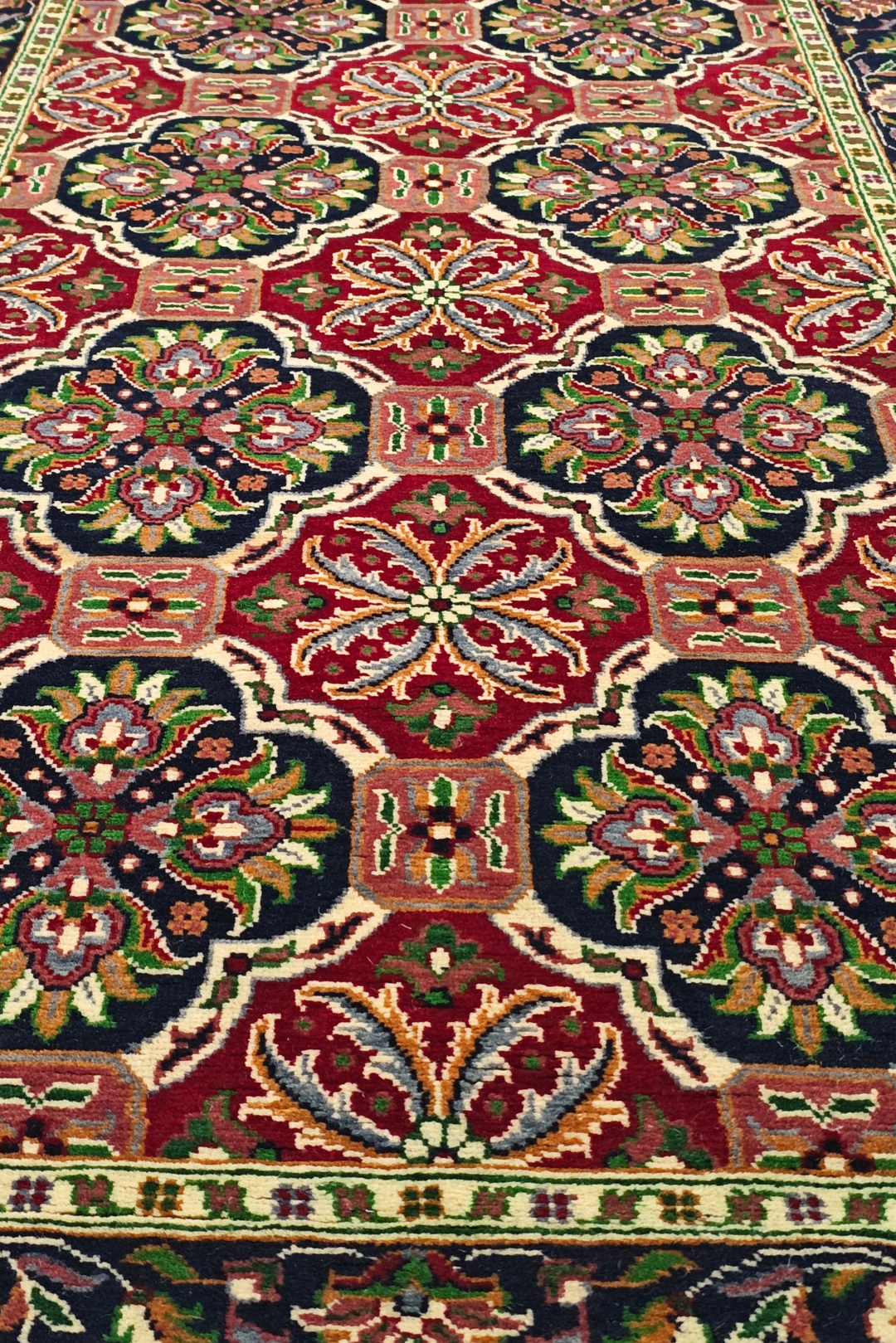 Red and Green Khan Muhammadi Runner, Hand-Knotted Wool