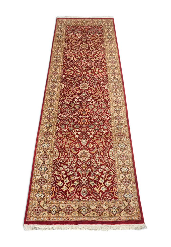 Deep Red and Cream Arabesque Lattice, Hand-Knotted Wool and Silk Rug