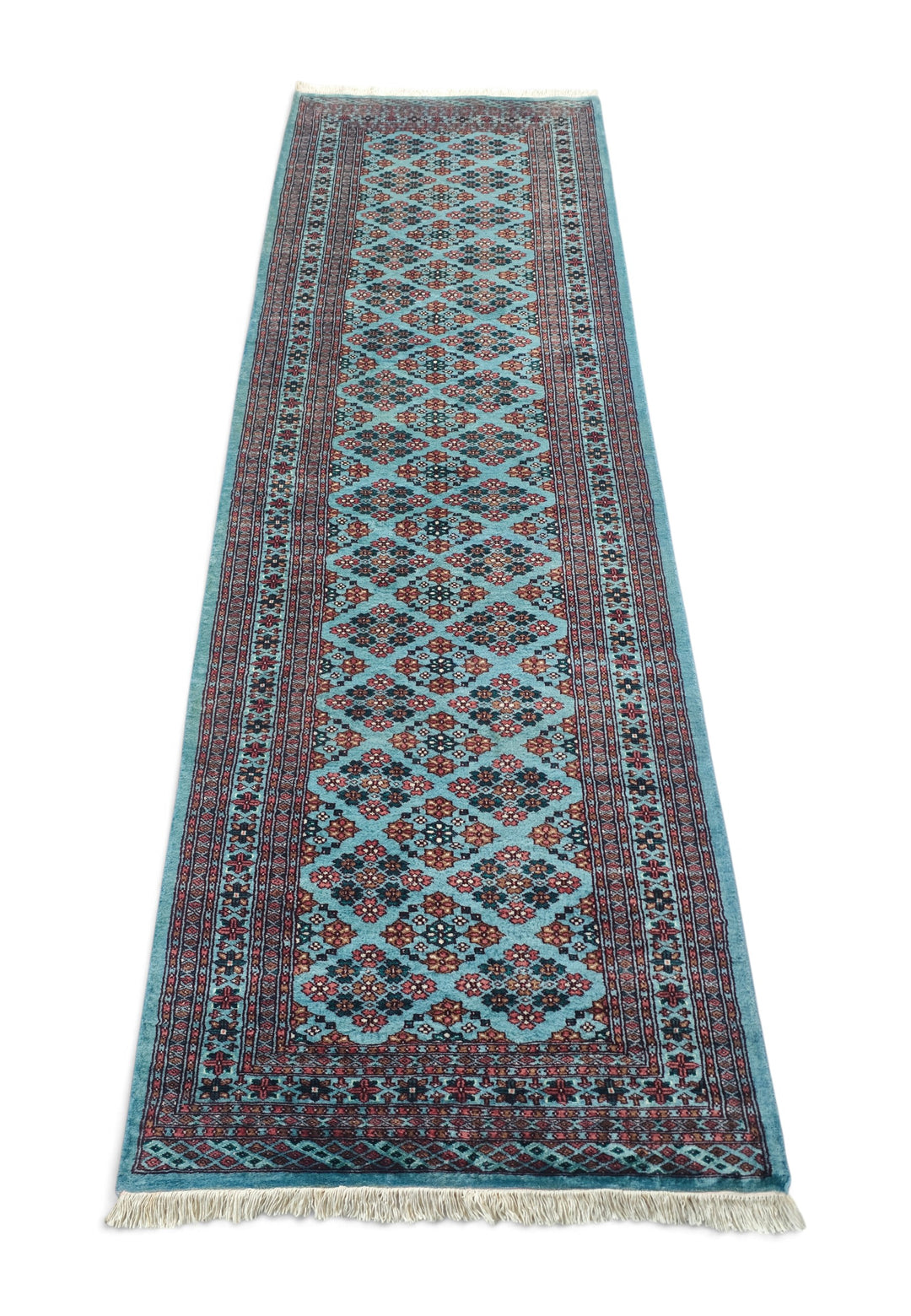 Turquoise and Rose Polychrome Lattice Jaldar, Hand-Knotted Wool Rug