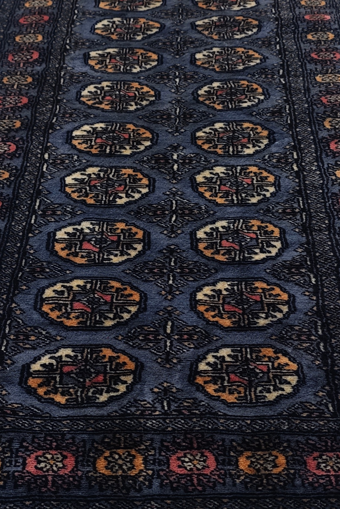 Slate Blue and Cream Turkmen Gül Bokhara, Hand-Knotted Wool Rug