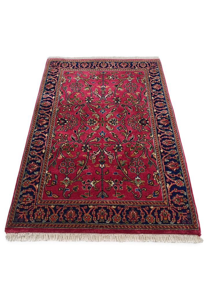 Magenta and Navy Hereke Floral, Hand-Knotted Wool Rug