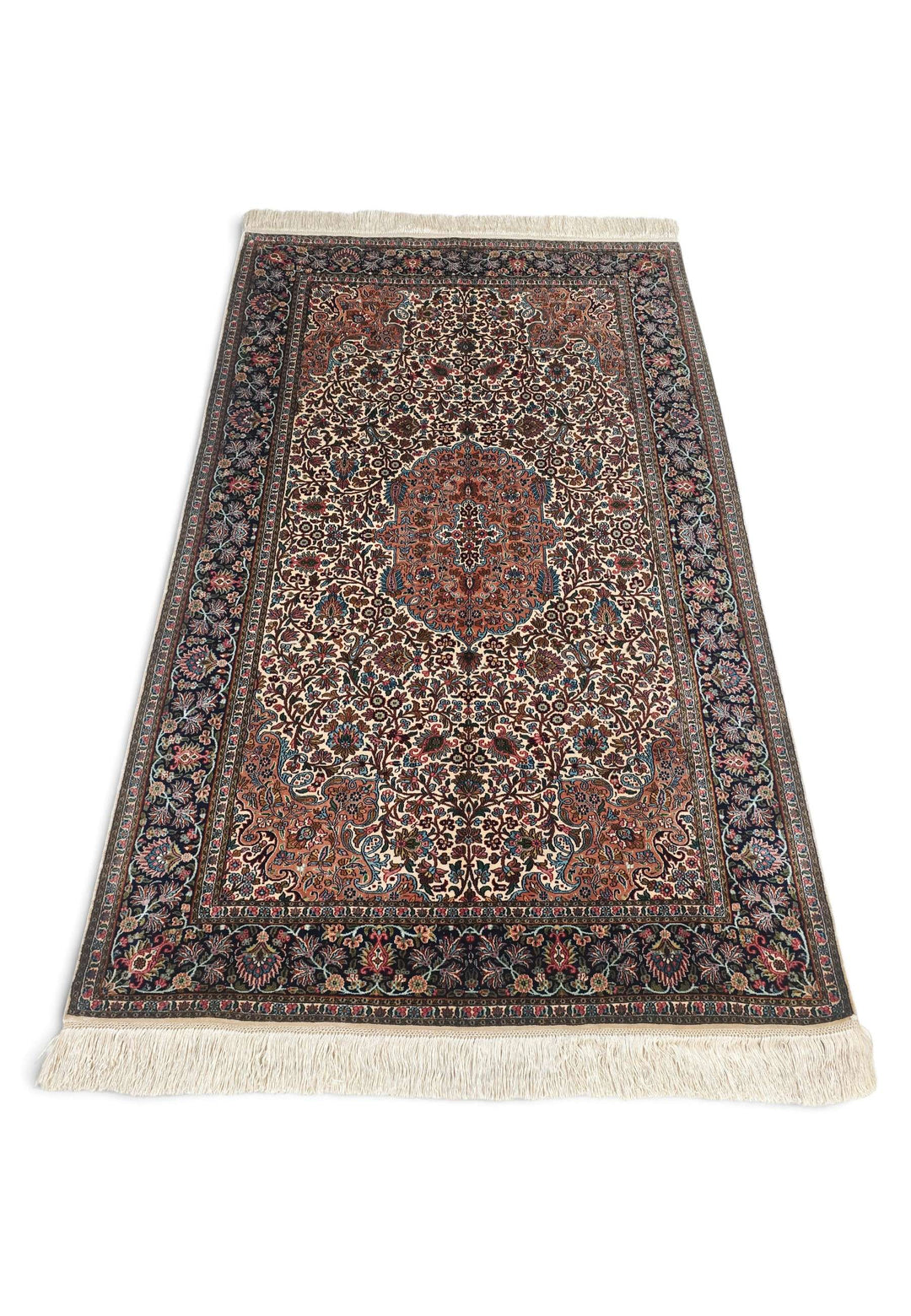 Ivory and Rust Rosette Medallion, Hand-Knotted Silk Rug