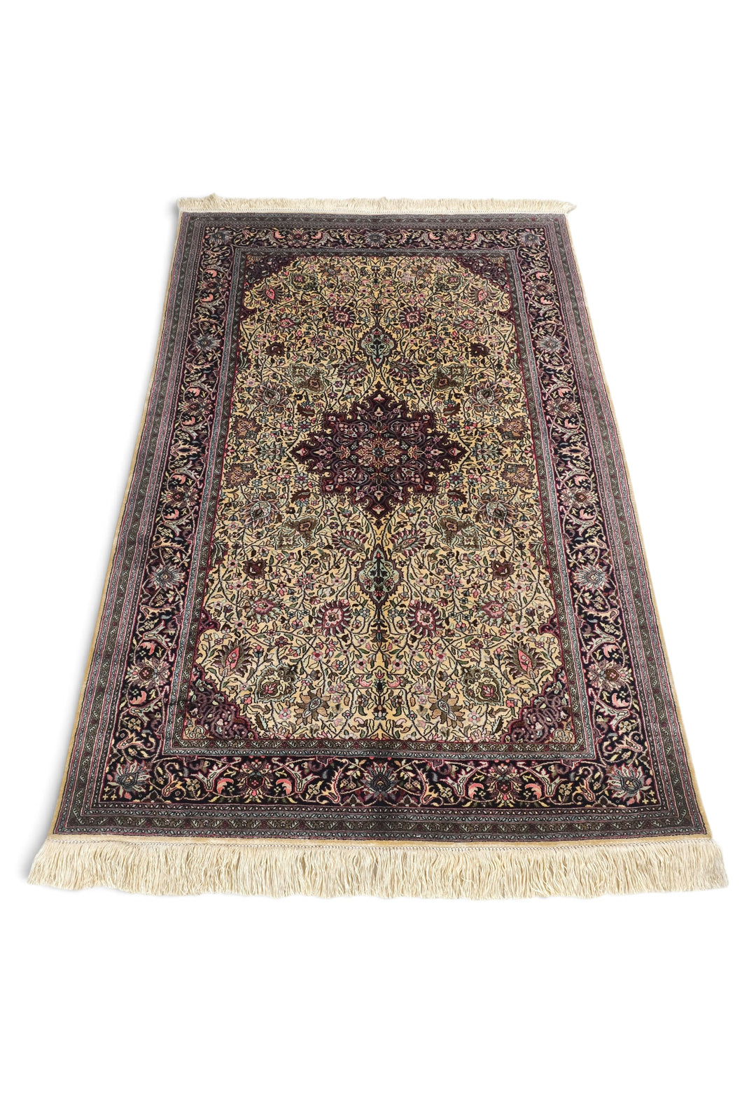 Gold and Deep Plum Shah Abbasi Medallion, Hand-Knotted Silk Rug