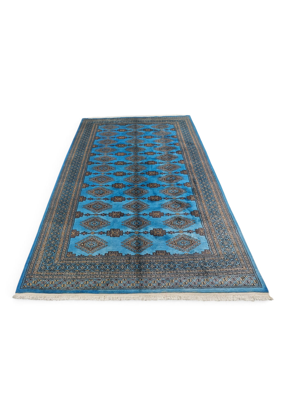 Azure Blue and Cream Jaldar Diamond Gül, Hand-Knotted Wool Rug