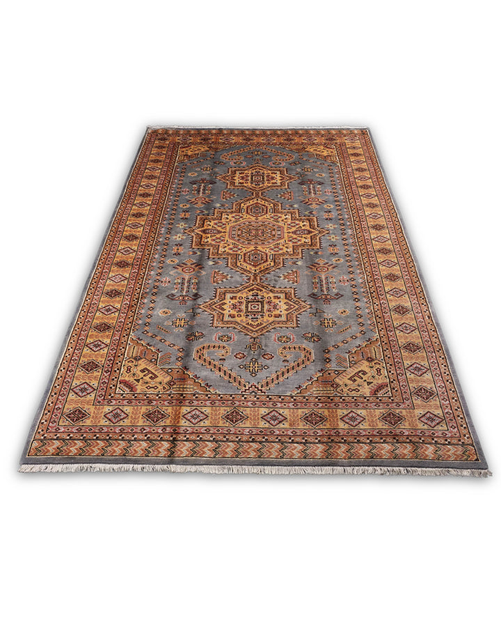 Grey &amp; Gold Tribal Medallion Jaldar Rug, Hand-Knotted Pakistani Wool &amp; Silk