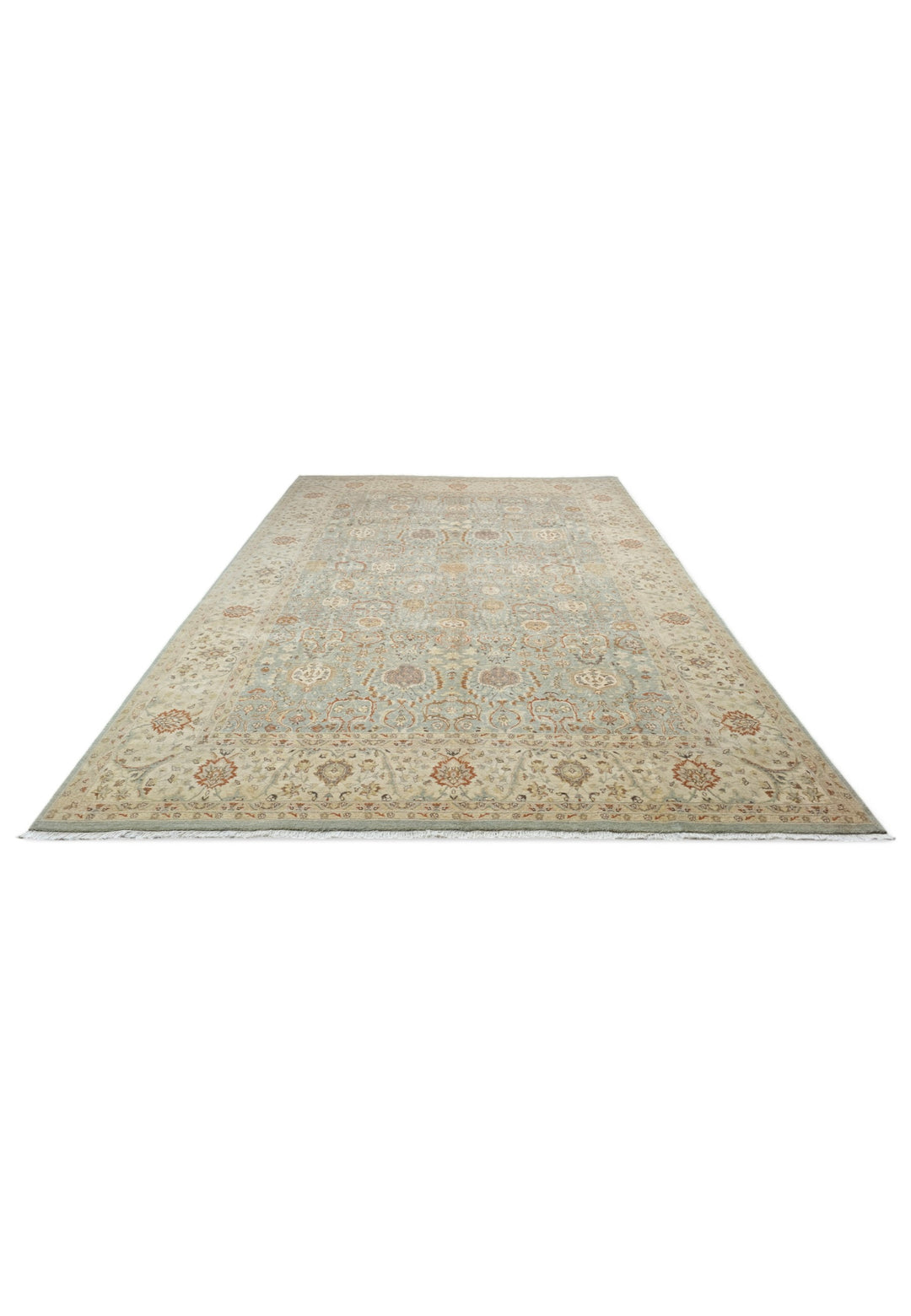 Pale Sage and Sandstone Floral Ghazni, Hand-Knotted Wool Rug