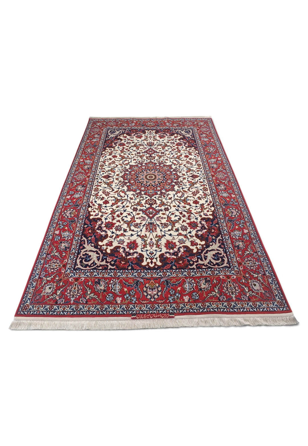 Ivory and Red Star Medallion Sirafian Isfahan, Hand-Knotted Wool Rug