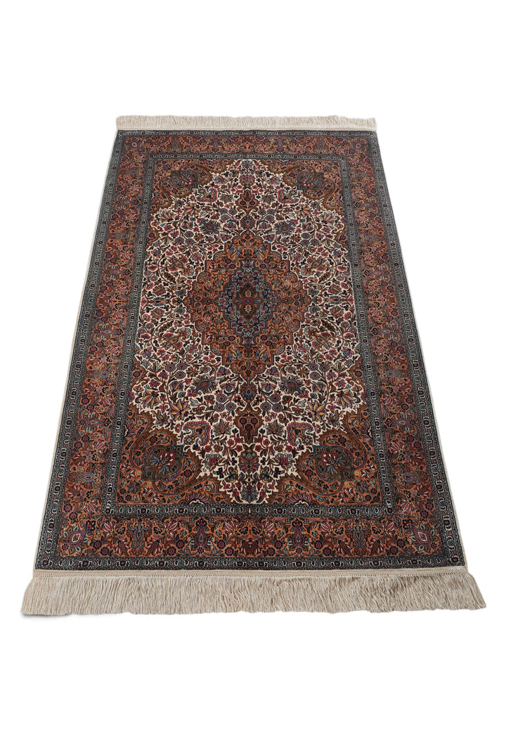 Cream and Brown Boteh Medallion, Hand-Knotted Silk Rug