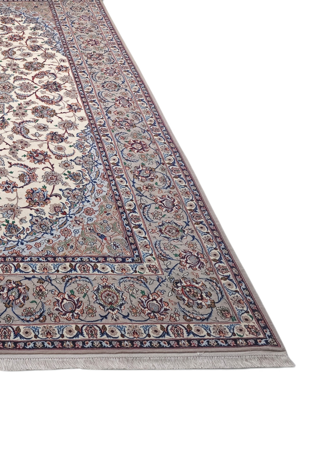 Ivory and Grey Medallion Yazdani Isfahan, Hand-Knotted Wool Rug
