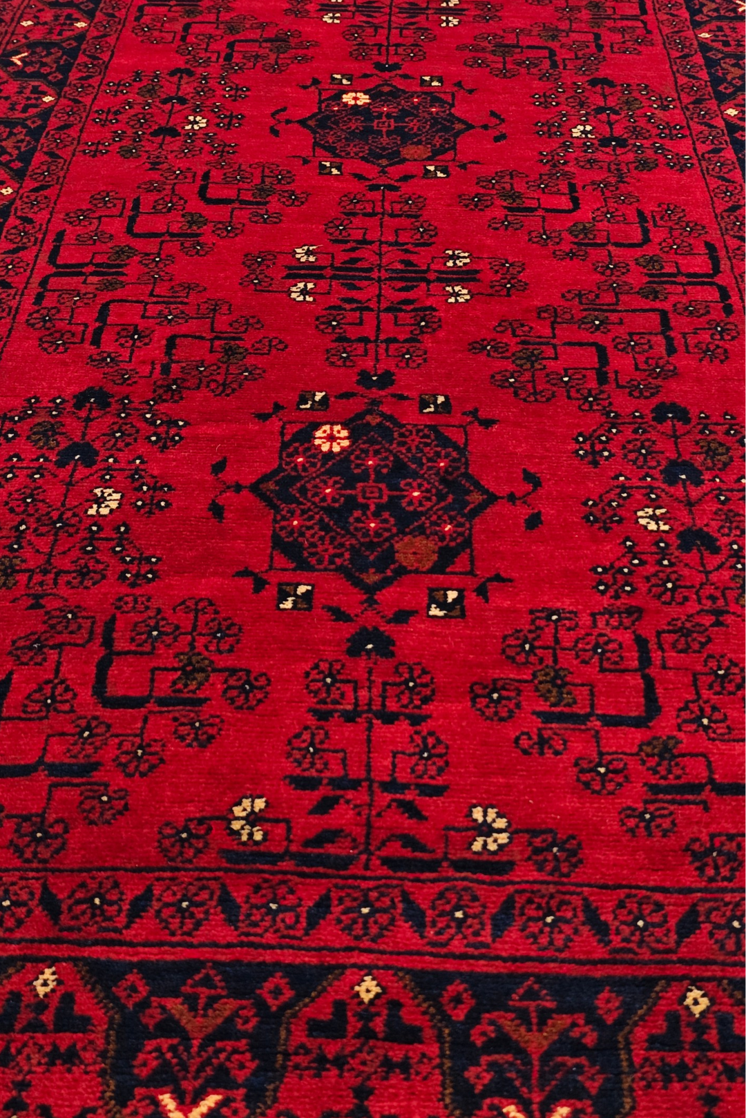 Bright Red and Navy Khan Muhammadi Runner, Hand-Knotted Wool
