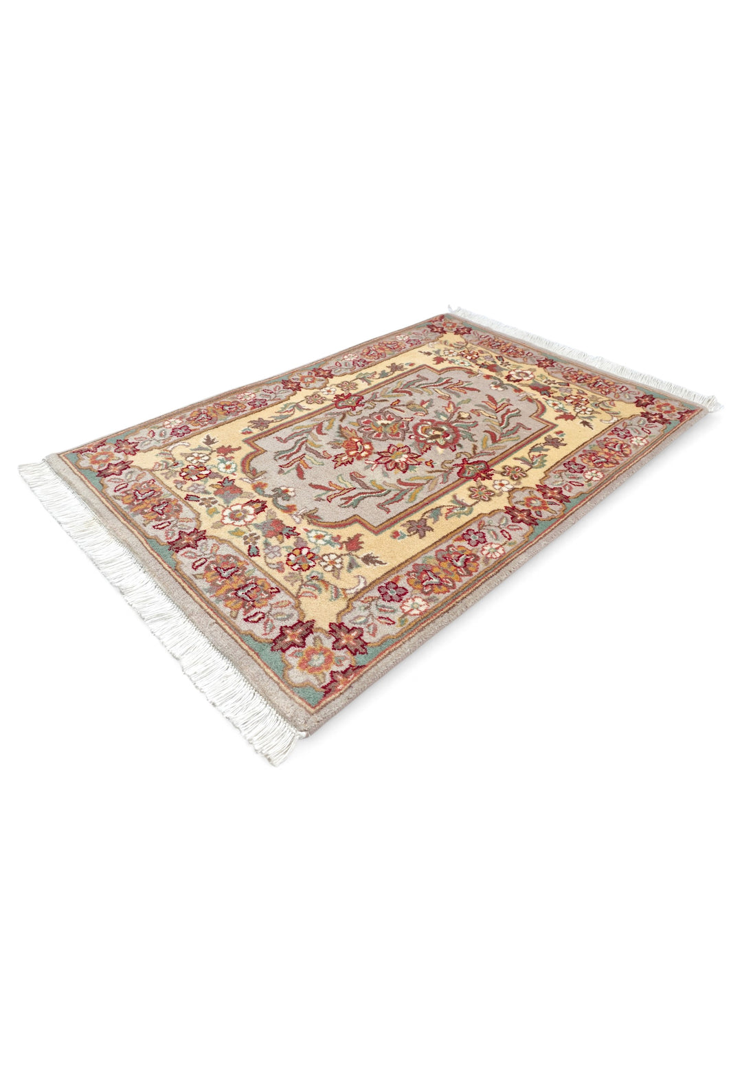 Gold and Grey French Floral Panel, Hand-Knotted Wool Rug