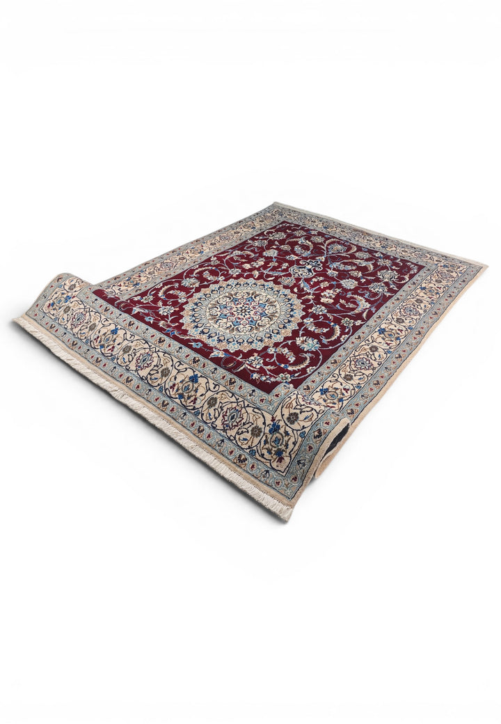 Wine-Red Medallion Persian Nain, Hand-Knotted Wool Rug