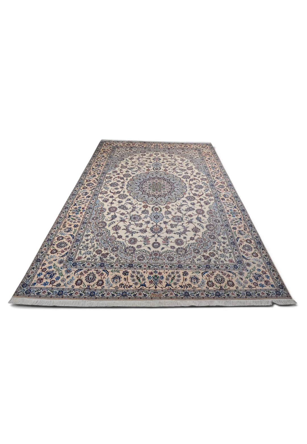 Ivory and Blue Bird Border Medallion Nain, Hand-Knotted Wool Rug