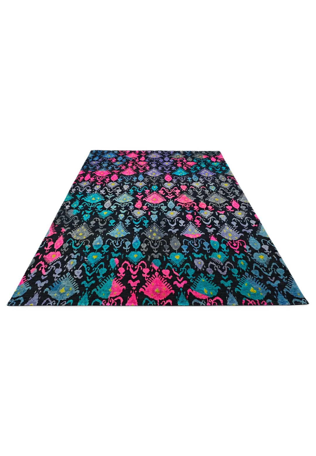 Indigo and Magenta Ikat Ghazni, Hand-Knotted Wool Rug