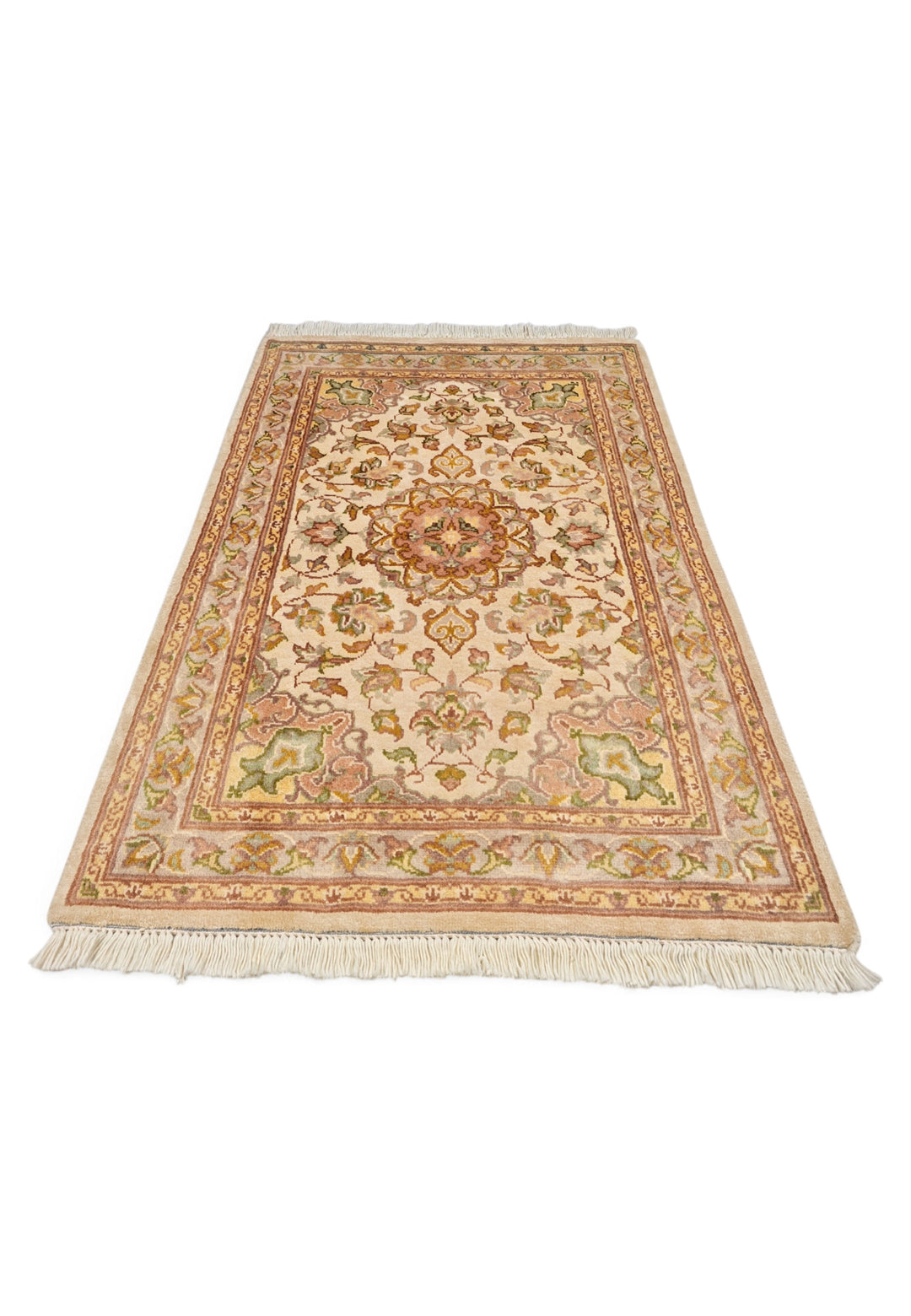 Ivory and Coral Medallion Tabriz, Hand-Knotted Wool and Silk Rug