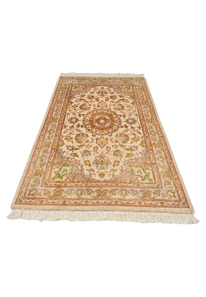 Ivory and Coral Medallion Tabriz, Hand-Knotted Wool and Silk Rug