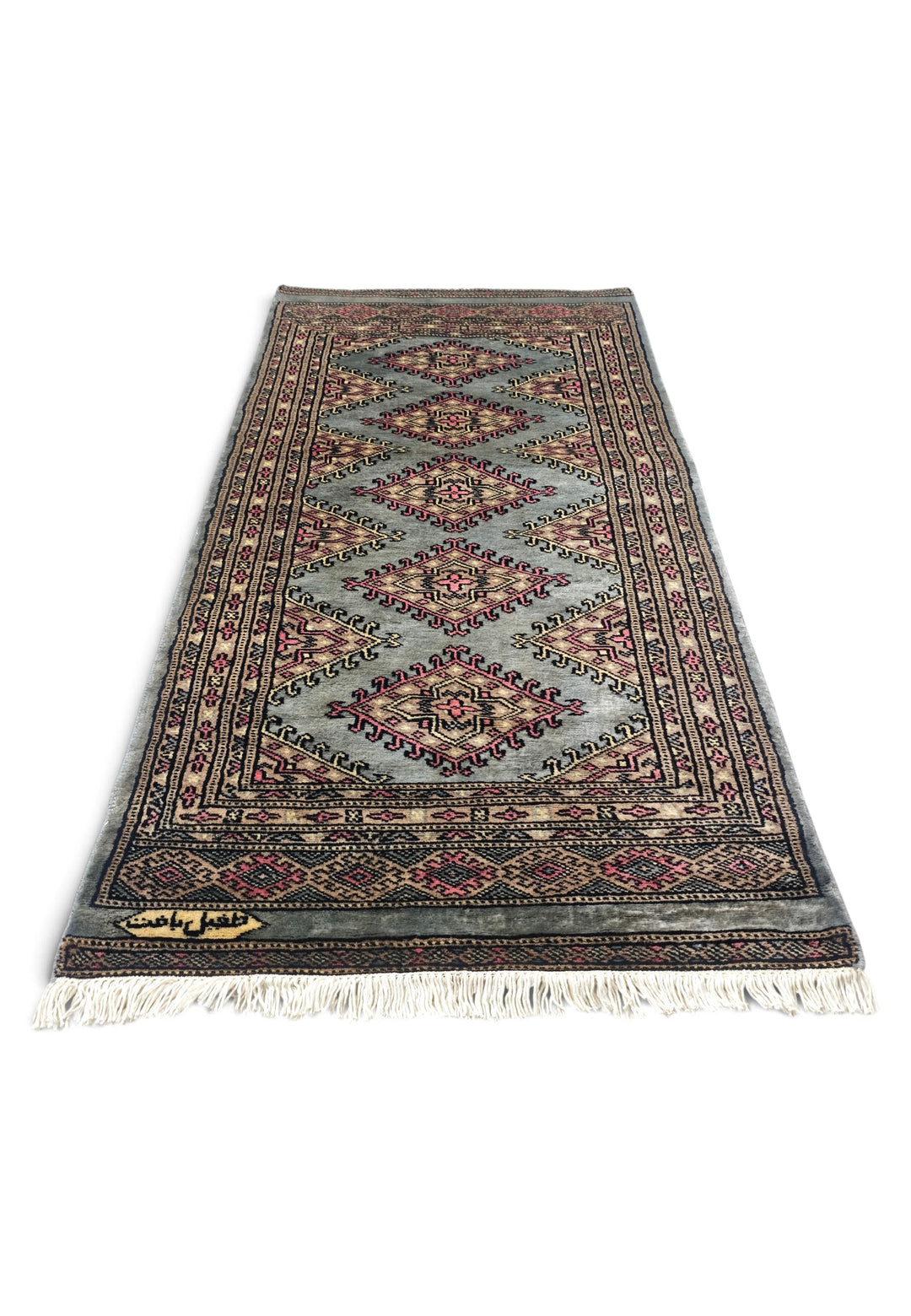 Grey-Green and Rose Jaldar Diamond Medallion, Hand-Knotted Wool Rug