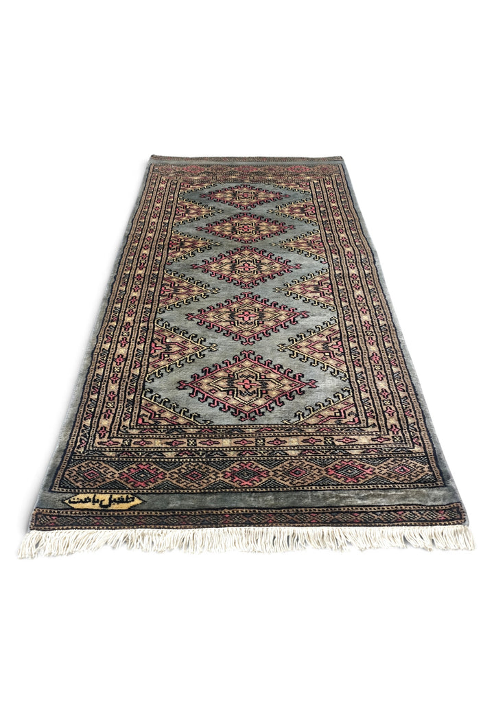 Grey-Green and Rose Jaldar Diamond Medallion, Hand-Knotted Wool Rug
