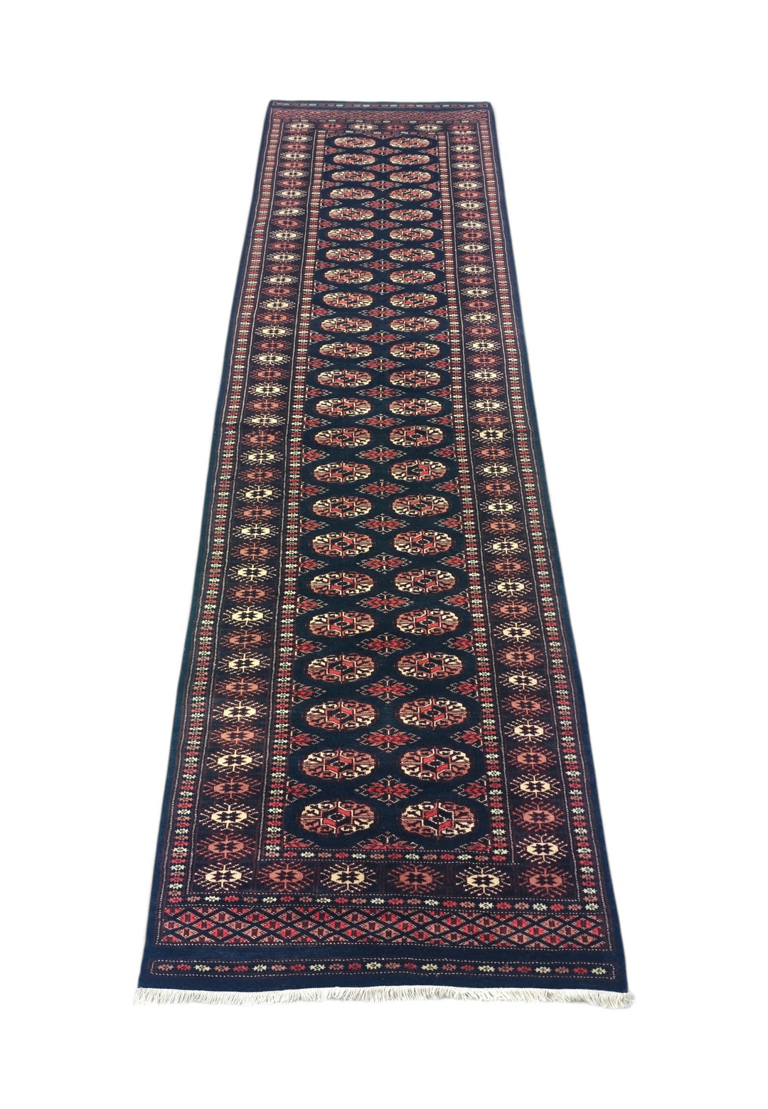 Navy and Rose Double Column Gül Bokhara, Hand-Knotted Wool Rug