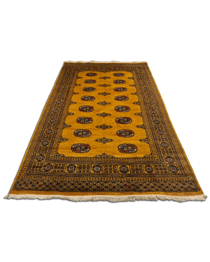 Amber Gold Turkmen Gül Bokhara Rug, Hand-Knotted Pakistani Wool