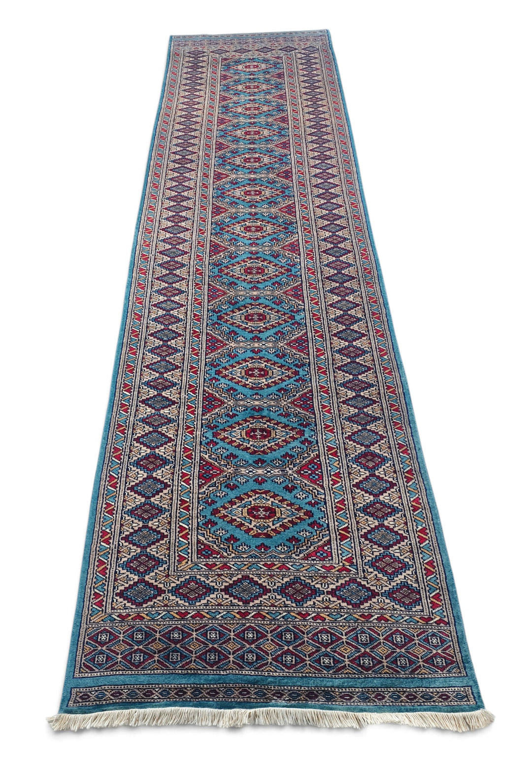Turquoise and Wine Red Chained Diamond Medallion, Hand-Knotted Wool Rug