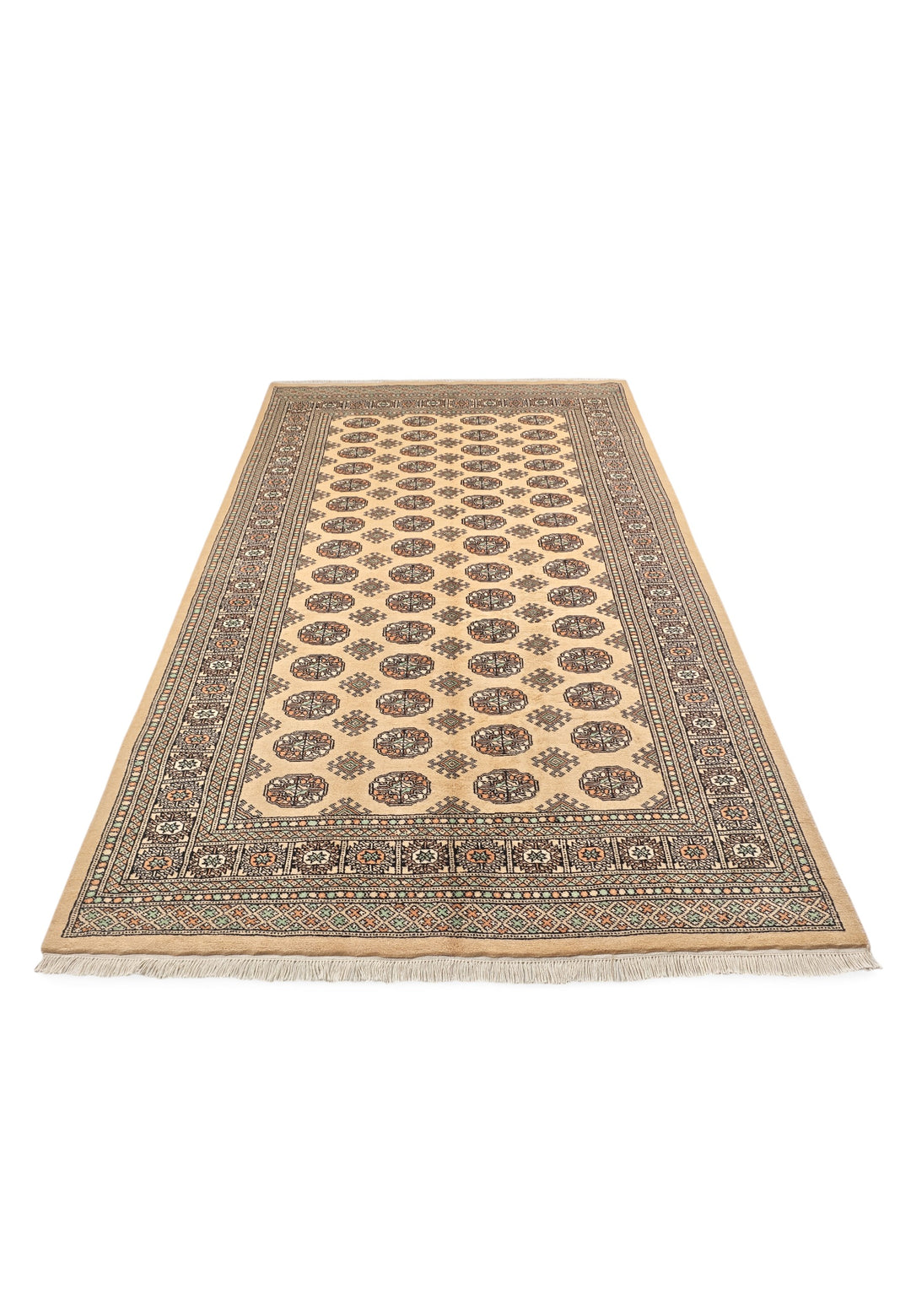 Warm Gold and Espresso Turkmen Gül Bokhara, Hand-Knotted Wool Rug