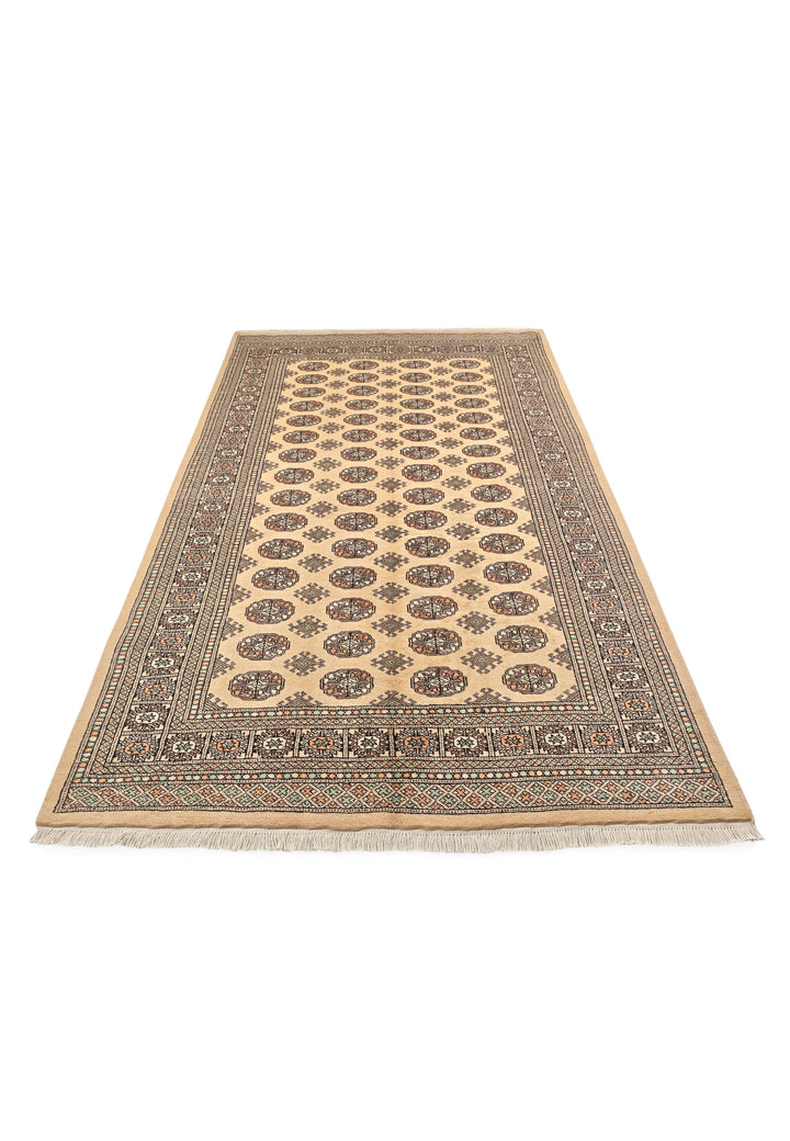 Warm Gold and Espresso Turkmen Gül Bokhara, Hand-Knotted Wool Rug