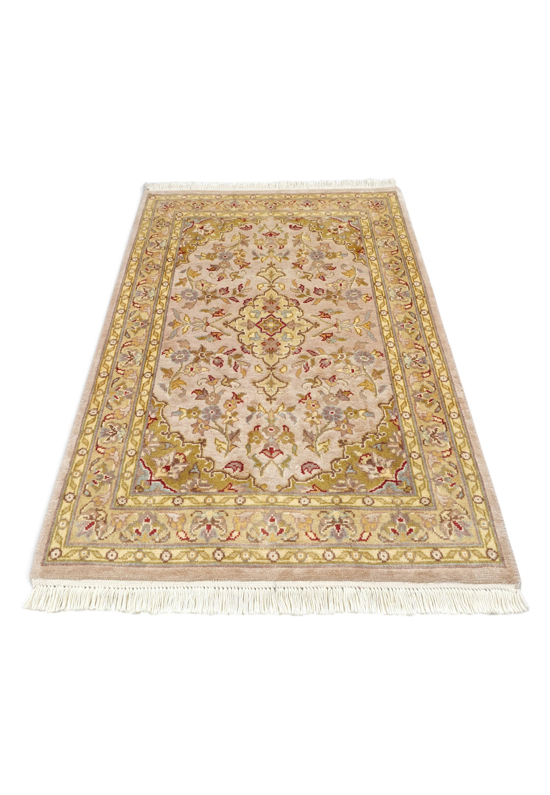 Blush and Olive Gold Medallion Tabriz, Hand-Knotted Wool and Silk Rug