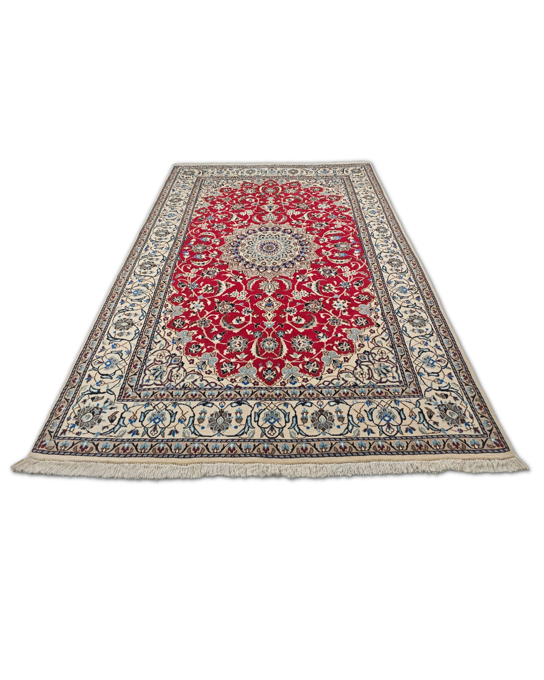 Red and Ivory Medallion Nain, Hand-Knotted Wool Rug