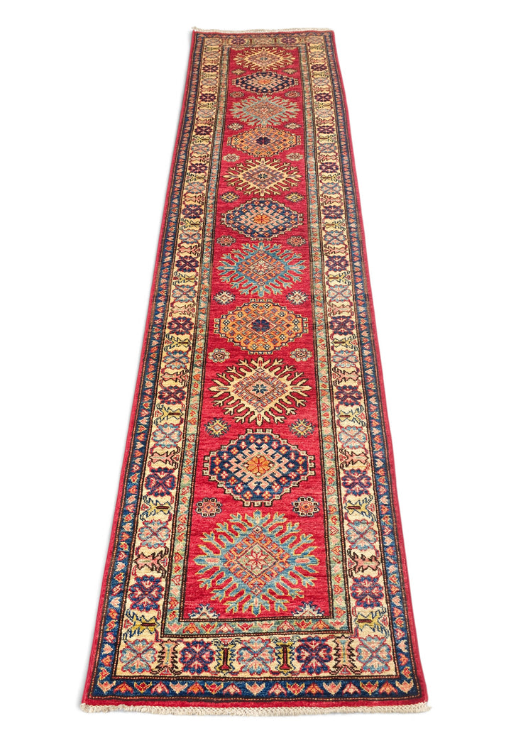 Cherry Red and Cream Starburst Medallion Kazak, Hand-Knotted Wool Rug