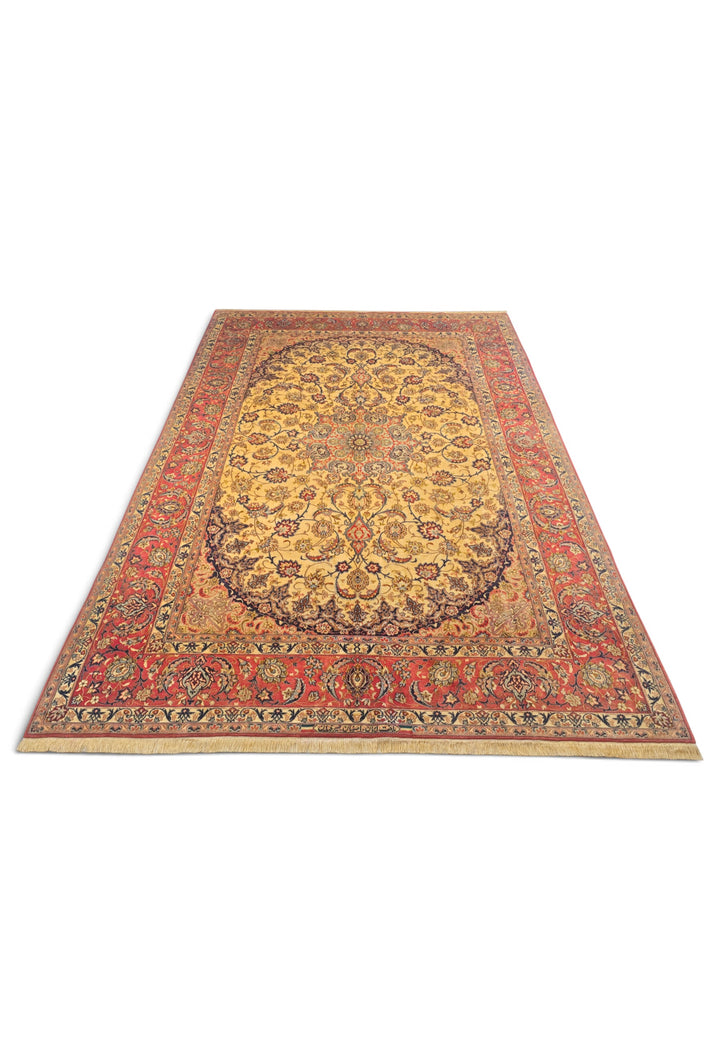 Gold and Terracotta Oval Field Sirafian Isfahan, Hand-Knotted Wool Rug
