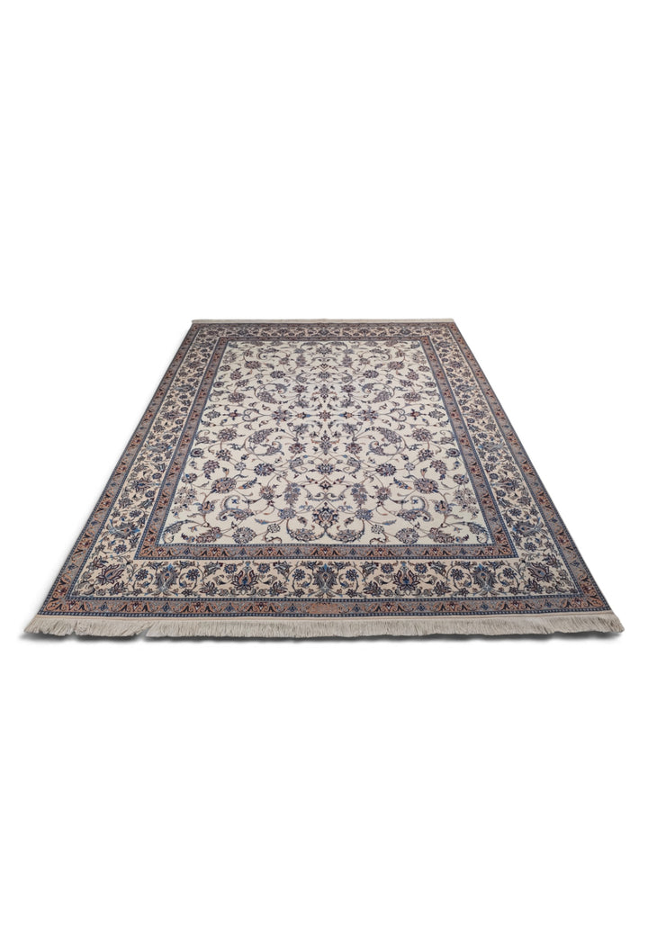 Ivory and Salmon All-Over Arabesque Nain, Hand-Knotted Wool Rug