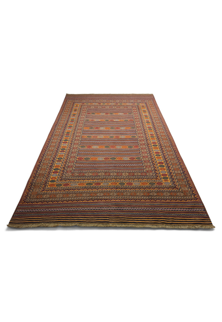 Saffron Gold and Plum Banded Kilim, Hand-Woven Wool