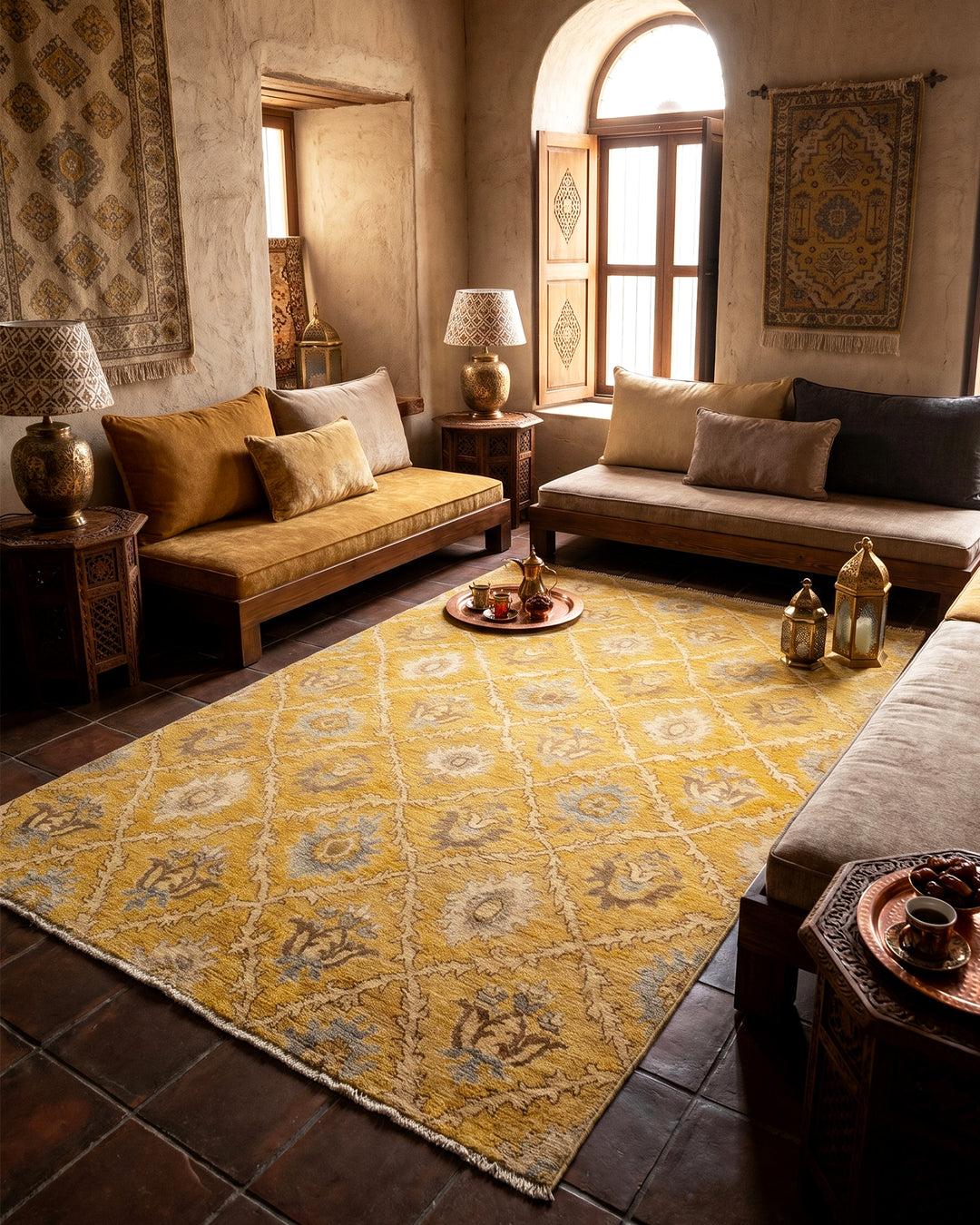 Goldenrod Trellis Gabbeh, Hand-Knotted Afghan Wool &amp; Silk Rug