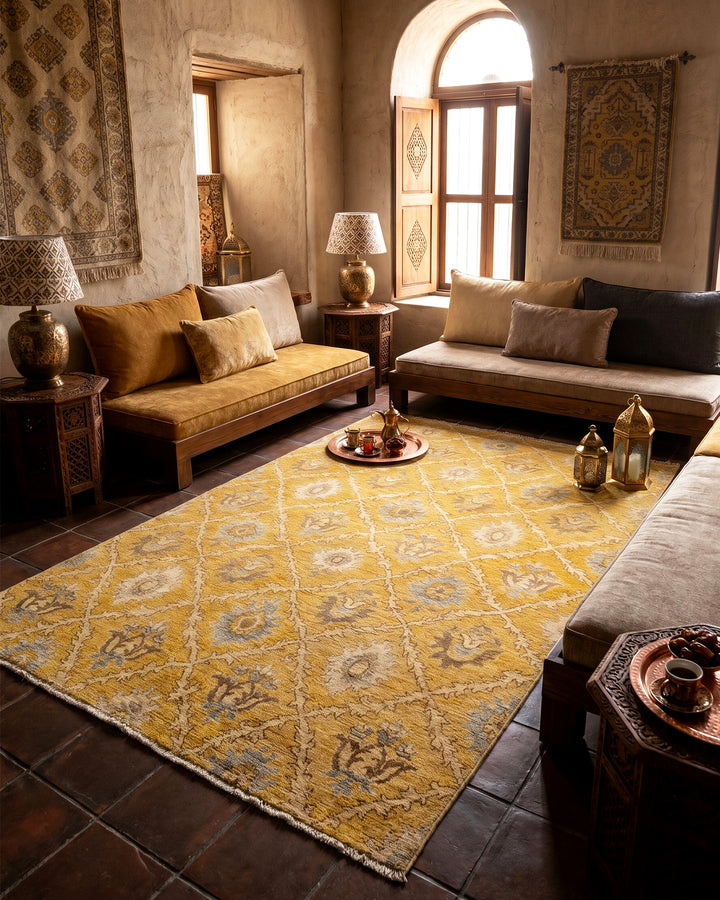 Goldenrod Trellis Gabbeh, Hand-Knotted Afghan Wool &amp; Silk Rug