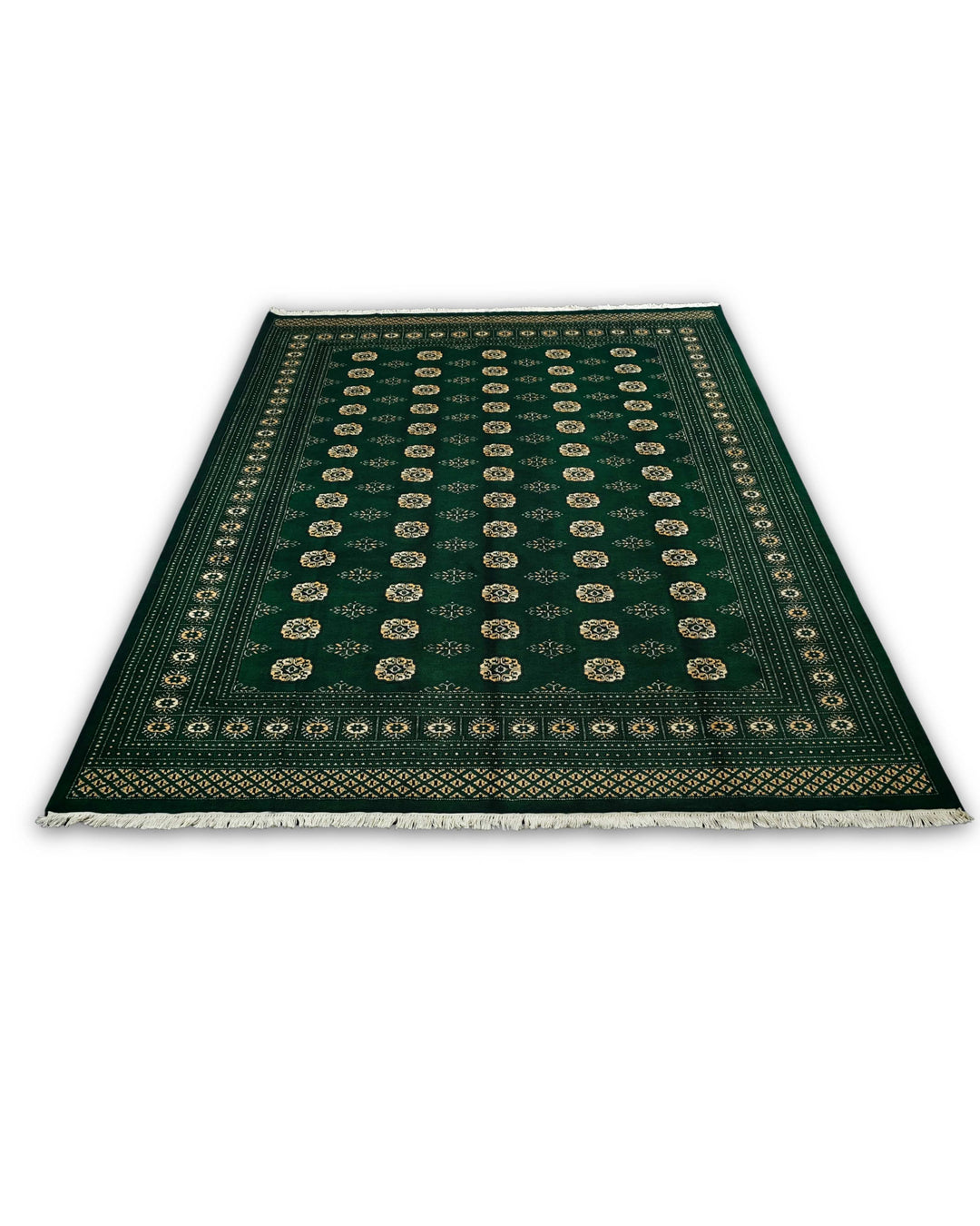 Emerald Green Turkmen Gül Bokhara Rug, Hand-Knotted Pakistani Wool