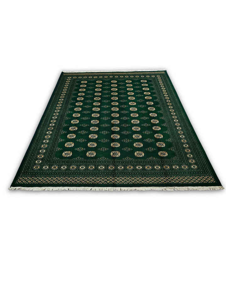Emerald Green Turkmen Gül Bokhara Rug, Hand-Knotted Pakistani Wool